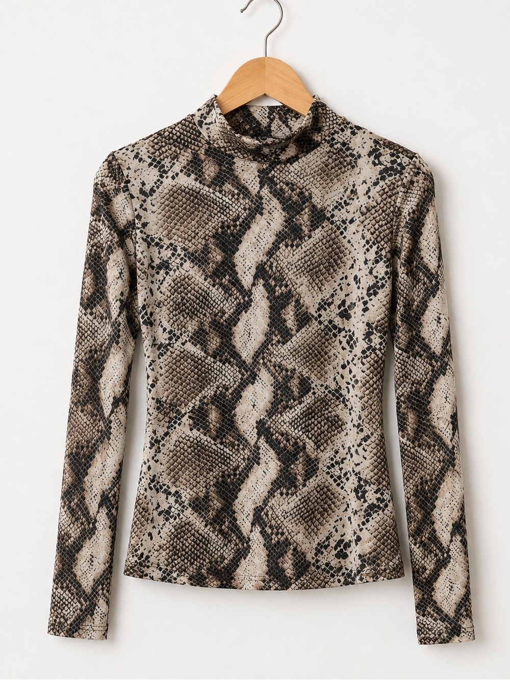 West of Melrose Snake Print Mesh Mock Neck Top - Beige & Brown XS - Picture 2 of 8